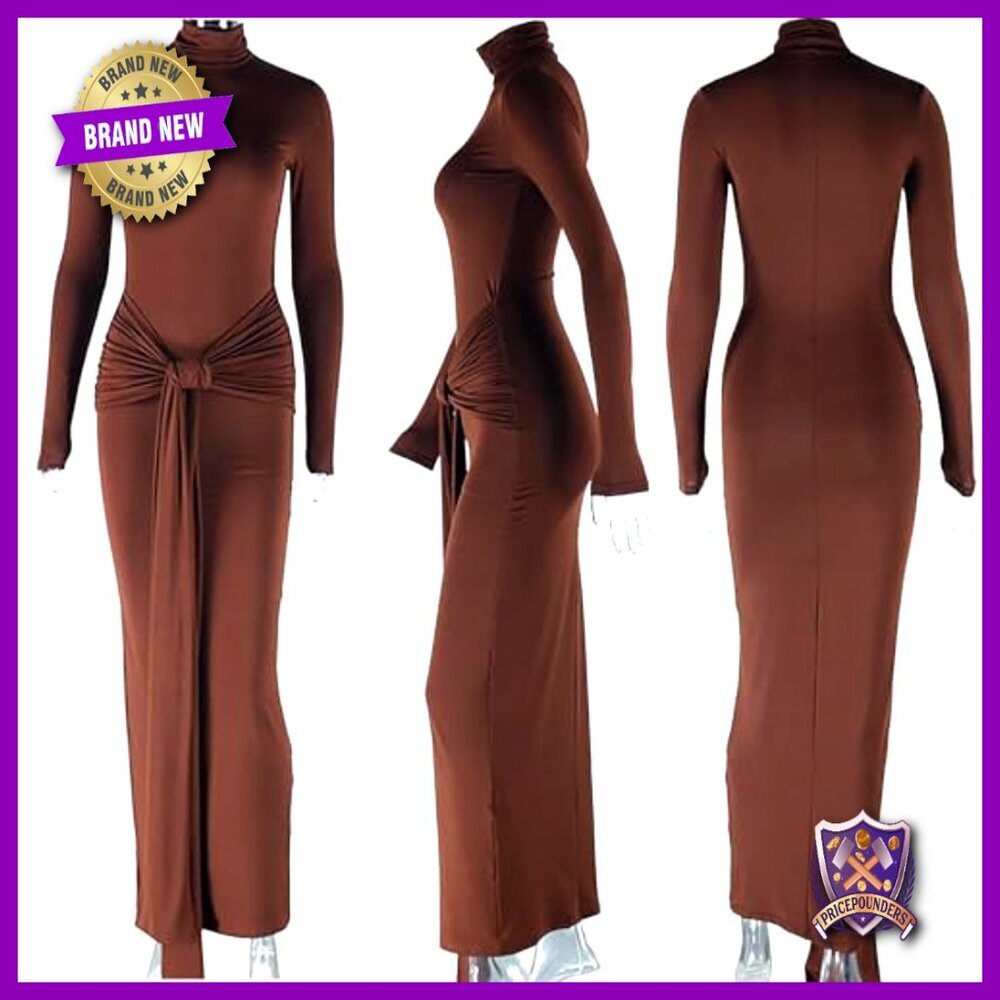 Long Sleeve Formal Maxi Dress Bodycon Ruched Tie Front Wedding Guest - Picture 5 of 7